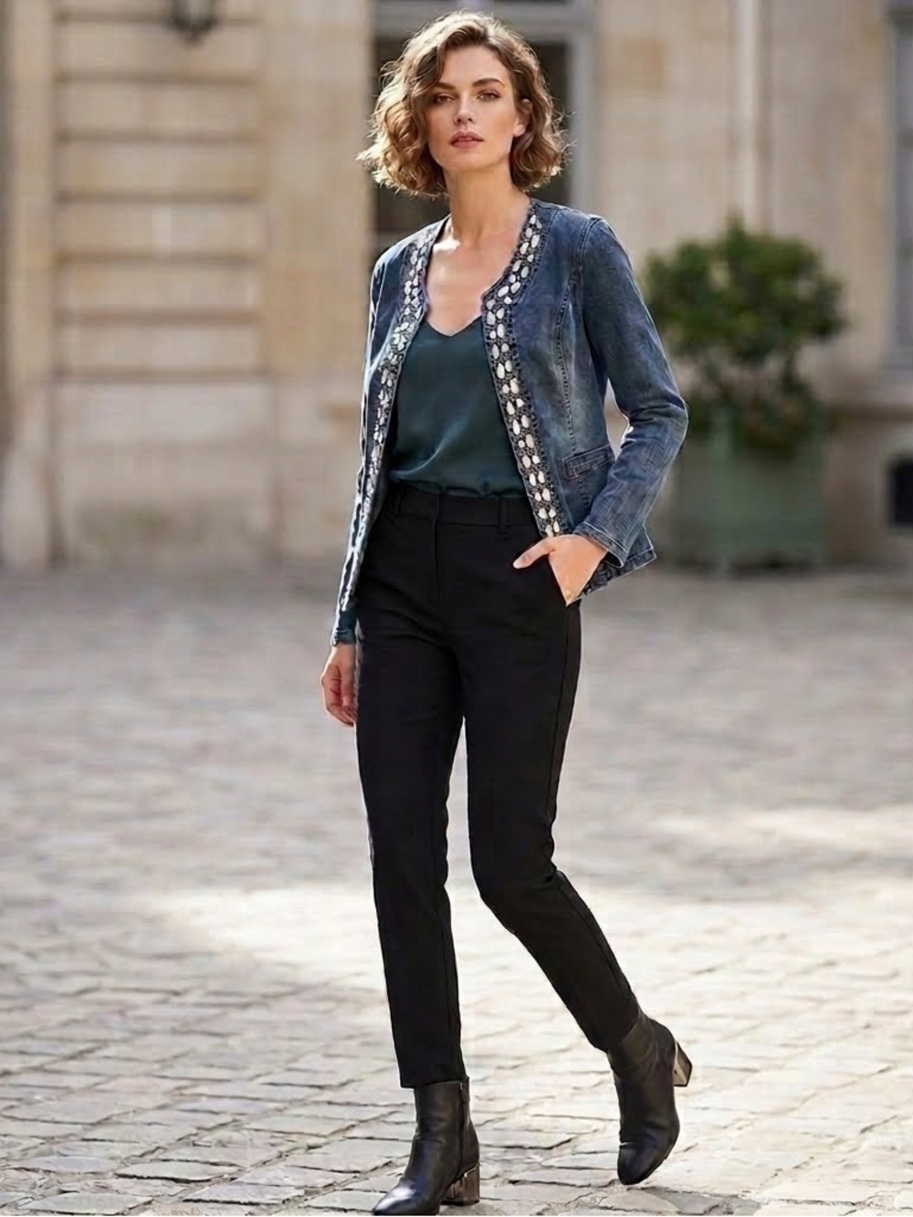 Mengnausai Embellished Denim Jacket Round Neck and pockets